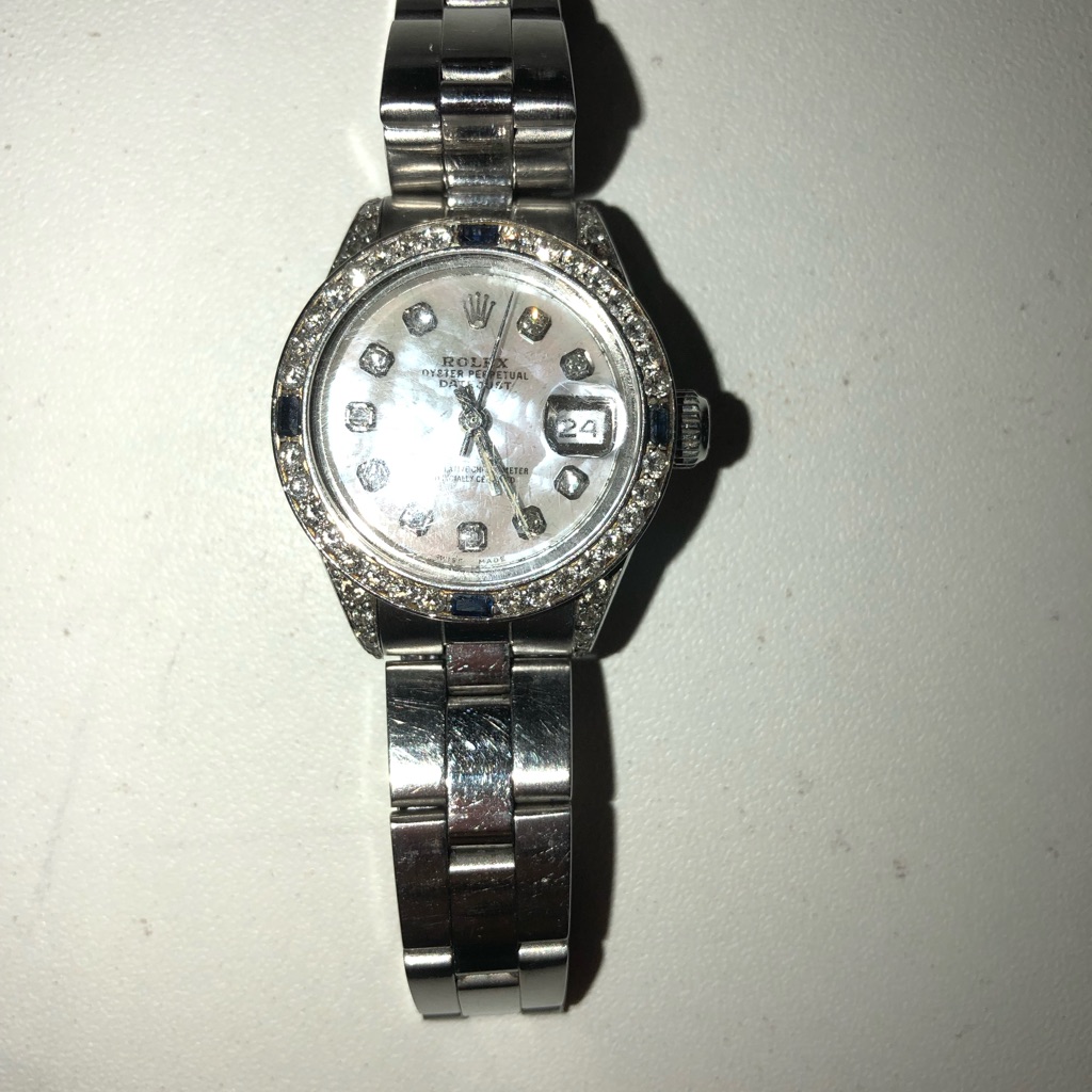 Rolex Womens Silver DiamondAccent MotherOfPearl Bracelet Watch